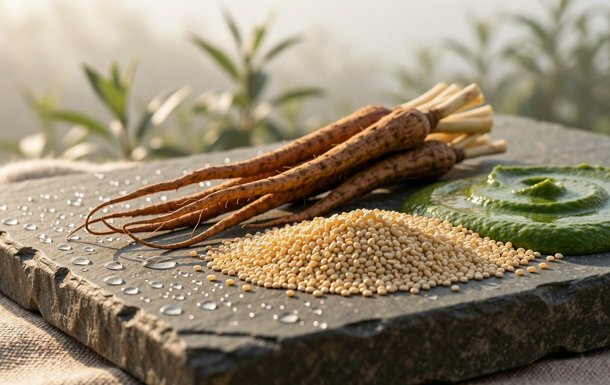 Raíces de maca en entorno natural